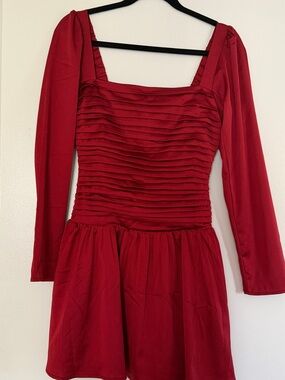 NWOT Abercrombie & Fitch Red Satin Drop-Waist Long-Sleeve Pleated Bodice Dress